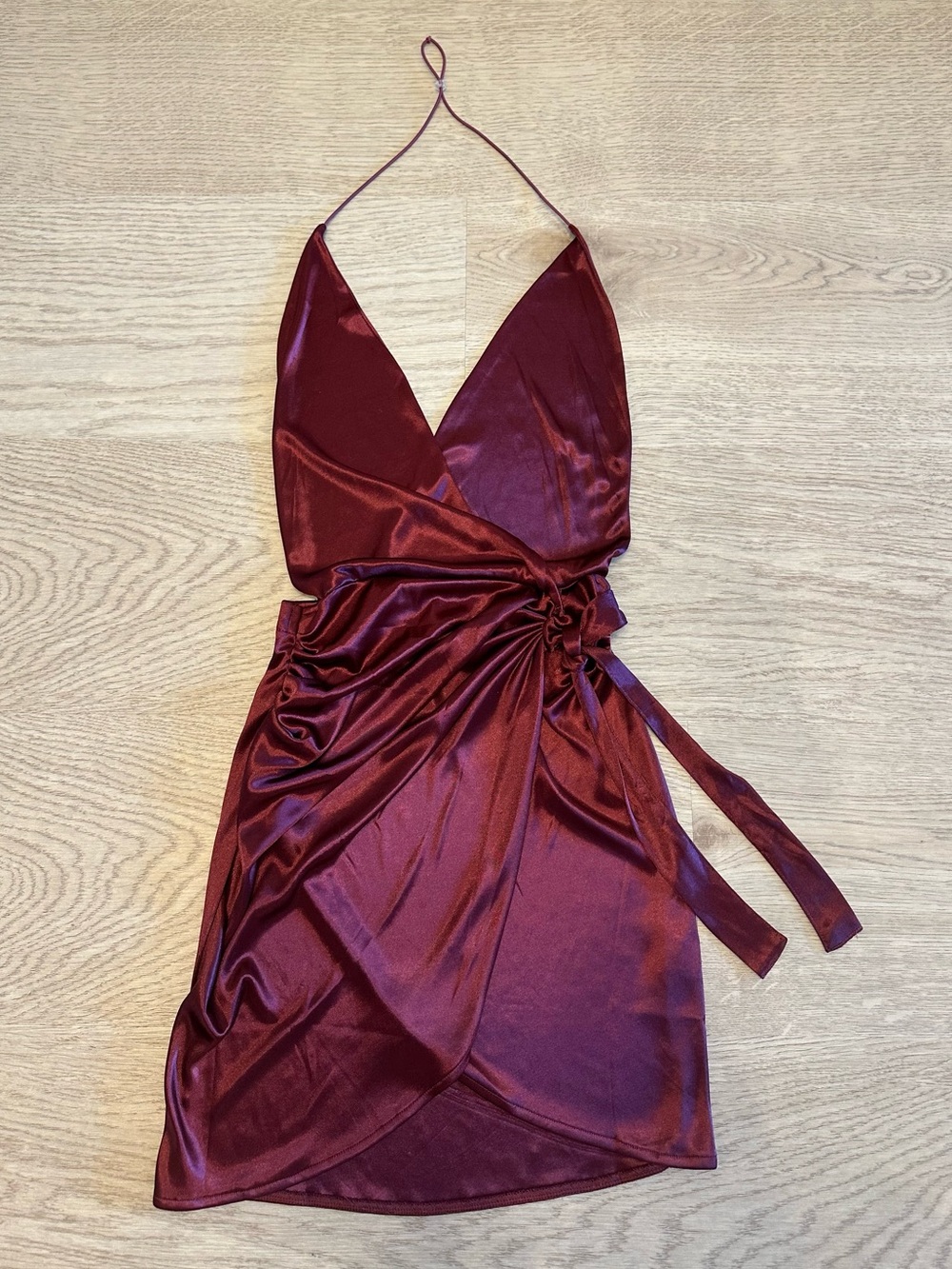 Oh Polly Red Satin Halter Wrap Mini Dress